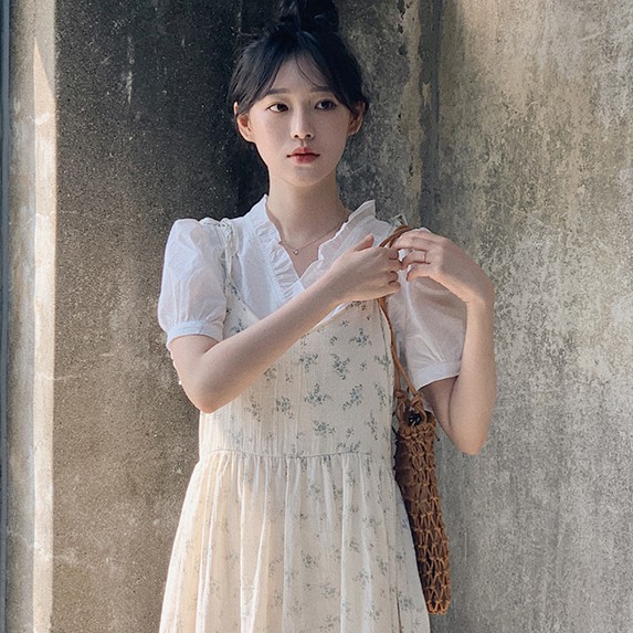 Áo sơ mi nữ bèo nhún màu trơn tay ngắn phong cách mới 43046