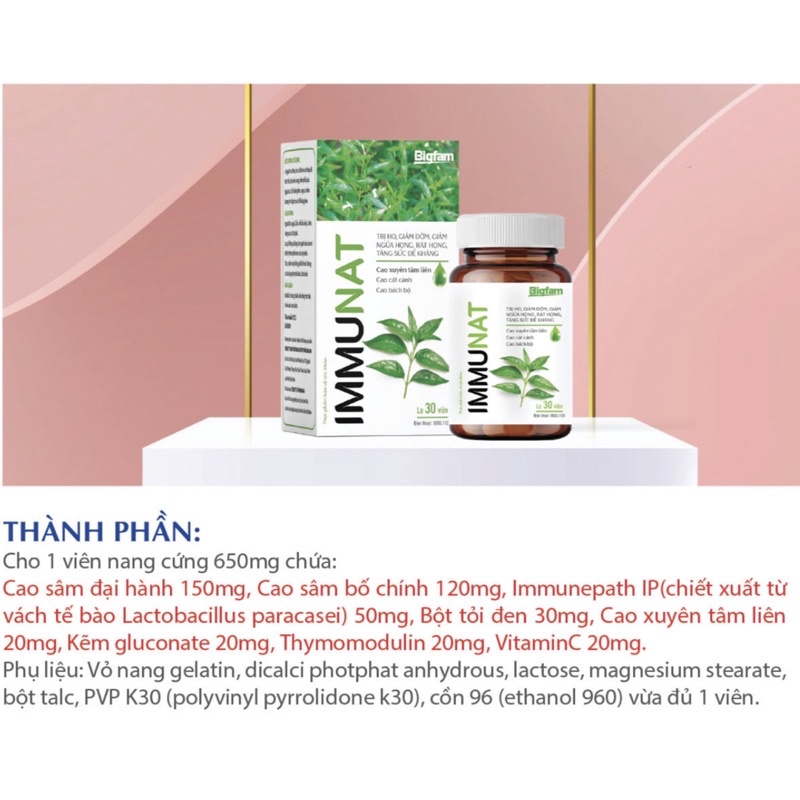 VIÊN UỐNG IMMUNAT BIGFAM Hỗ Trợ Tăng Cường Sức Đề Kháng Cho Cơ Thể Với Cao Xuyên Tâm Liên, Vitamin C Và Kẽm