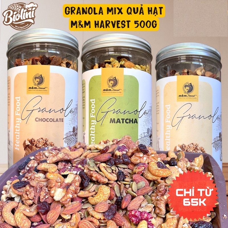Ngũ cốc giảm cân, granola siêu hạt không yến mạch nướng mật ong rừng giòn rụm 100% không đường, m&m Harvest 500g