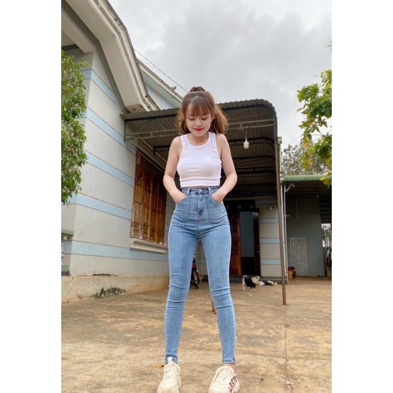 Quần jeans ôm body MÃ 55 lưng siêu cao nút kiểu, quần jean nữ, quần bò nữ lưng cao có túi - J20
