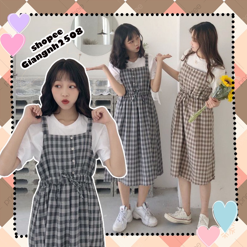 V002 Váy yếm kẻ 2 dây buộc eo ulzzang nhẹ nhàng nữ tính, Đầm bầu caro dáng dài Hàn Quốc cute dễ thương trẻ trung vintage