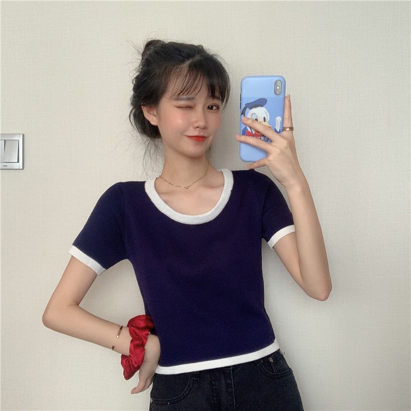 Áo croptop len viền tay ngắn freesize hàng Quảng Châu đơn giản trẻ trung cho nữ | BigBuy360 - bigbuy360.vn