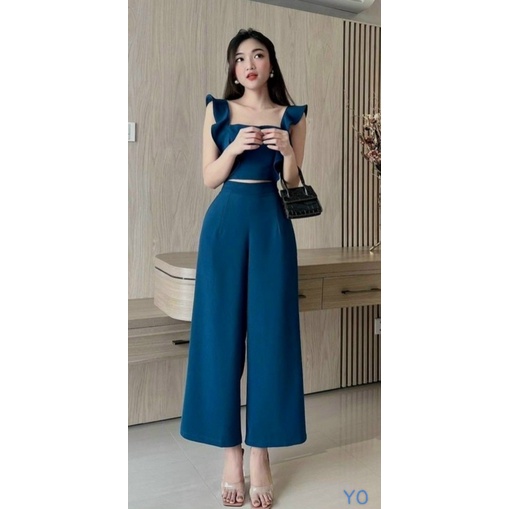 SÉT BỘ COTTON LẠNH NỮ ÁO 2 DÂY BẢN LỚN PHỐI QUẦN SUÔNG RỘNG ĐI CHƠI MÁT CỰC XINH