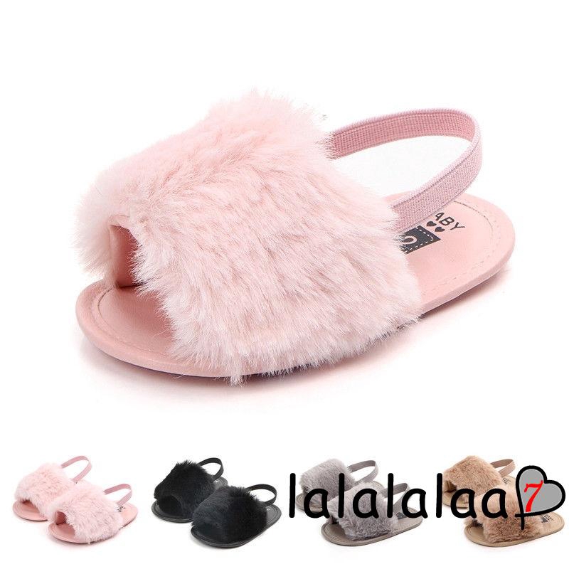 Giày sandal tập đi chống trượt quai ngang phủ lông giả xinh xắn cho bé gái 0-18 tháng