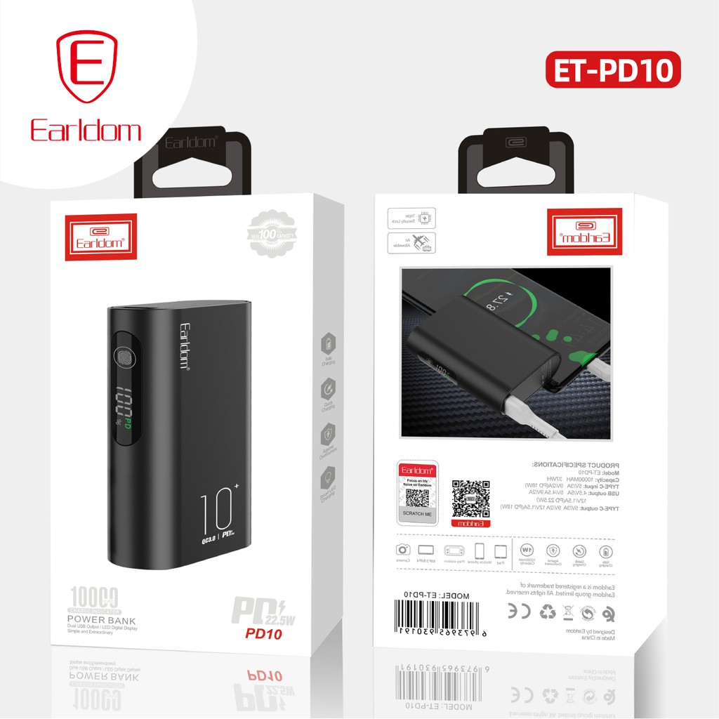 Sạc dự phòng công nghệ sạc nhanh QC3.0 Earldom 10.000 mAh PD – 10