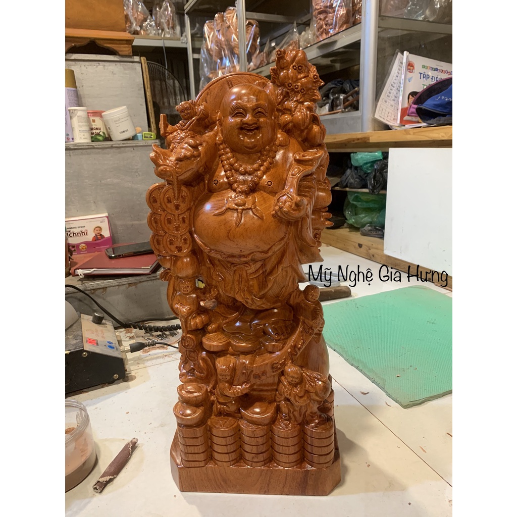 Tượng Di Lặc Gánh Cành Đào Ngũ Phúc, Gỗ Hương, Bày Bàn Uống Nước, Kệ Tủ..  KT: Cao50x22x15