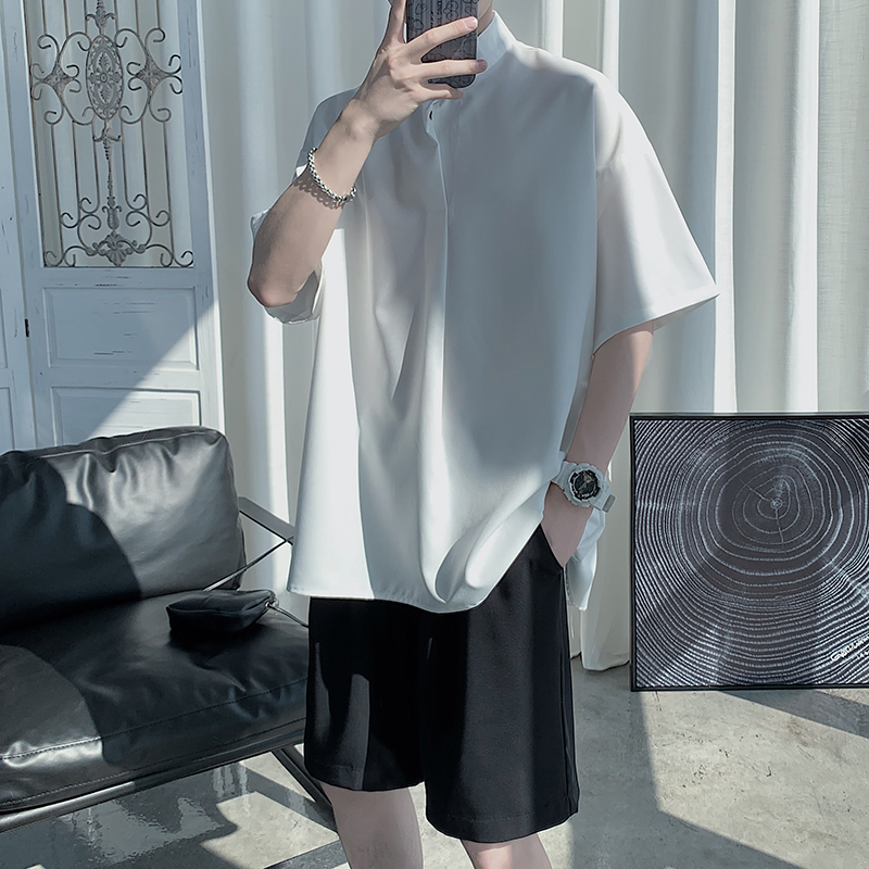 Áo thun nam thời trang Hàn Quốc cổ đứng màu trơn tay ngắn dáng rộng 2022 simple áo sơ mi nam ngắn tay