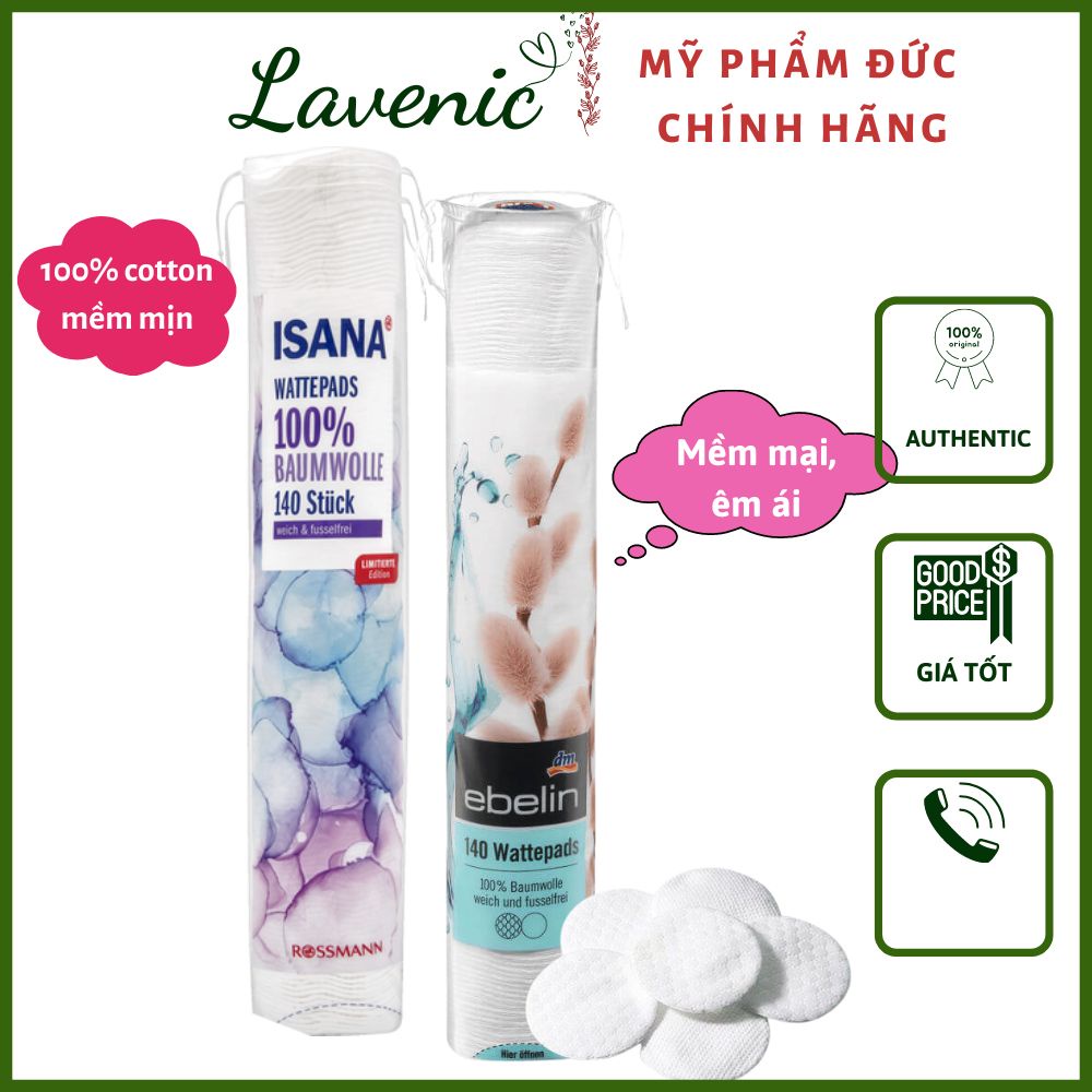 Bông tẩy trang Ebelin, Isana 140 miếng, Hàng Đức - Shop Lavenic