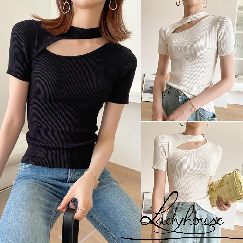 Áo Thun Dệt Kim Chui Đầu Cổ Tròn Tay Ngắn Màu Trơn Khoét Gân Cho Nữ