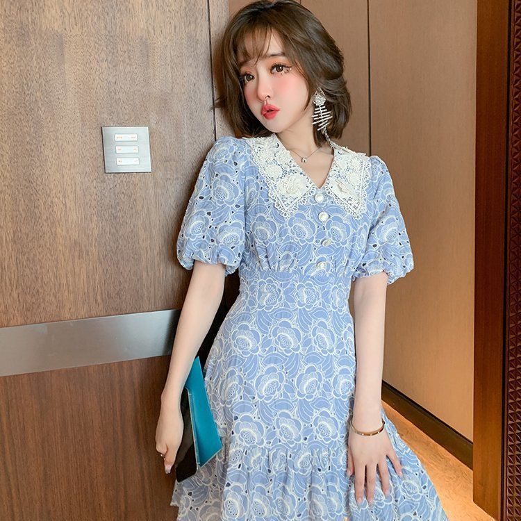 Summer new light luxury dress advanced style hollow-out embroidered Chanel style slimming dress