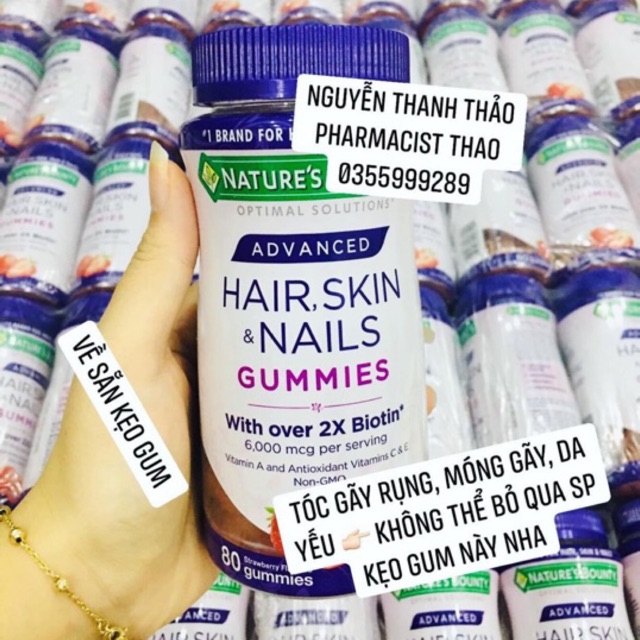 [Pharmacist Thao]Kẹo dẻo Hair, Skin, Nail (80viên) (6,000mg biotin) (mẫu mới)