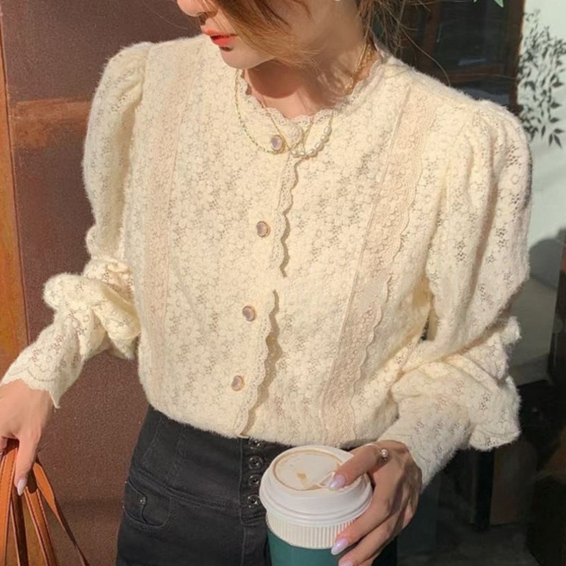 Áo kiểu cardigan RENJIANVSHENG tay dài phồng phối ren phong cách Hàn Quốc thời trang xinh xắn cho nữ