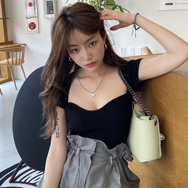 Cocory vn Áo Crop Top Màu Trơn Tay Ngắn Gợi Cảm Quyến Rũ Thời Trang Cho Nữ