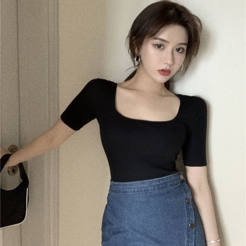 Hàng Có Sẵn Áo Thun cotton Tay Ngắn Cổ Vuông Hở Xương Quai Xanh Mới 2022 JL-TX-201