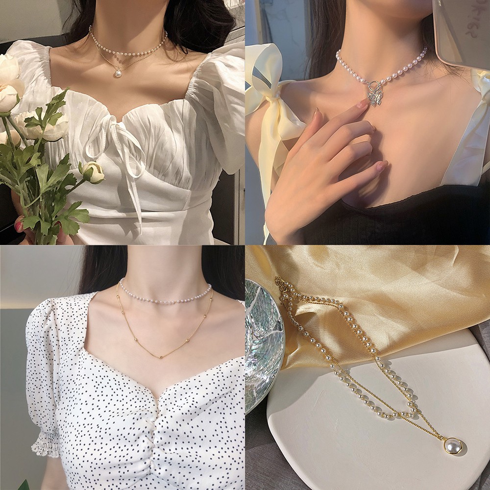 Vòng cổ dạng choker nhiều lớp đính ngọc trai giả phong cách Hàn Quốc hợp thời trang