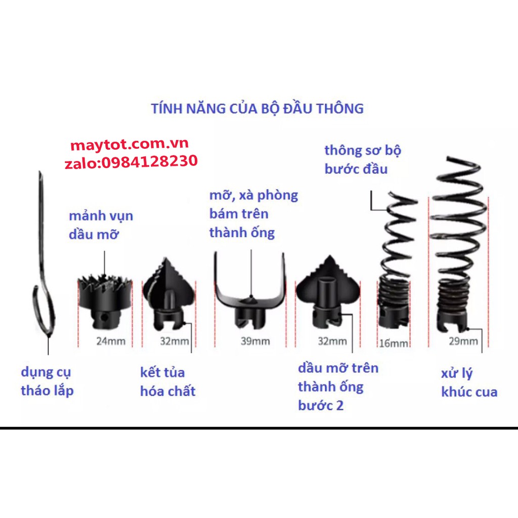 Dây thông tắc cống, bồn cầu, bồn rửa dùng cho máy khoan (kèm 12m dây lò xo phi 16 + 6 đầu thông + 1 đầu kết) nối