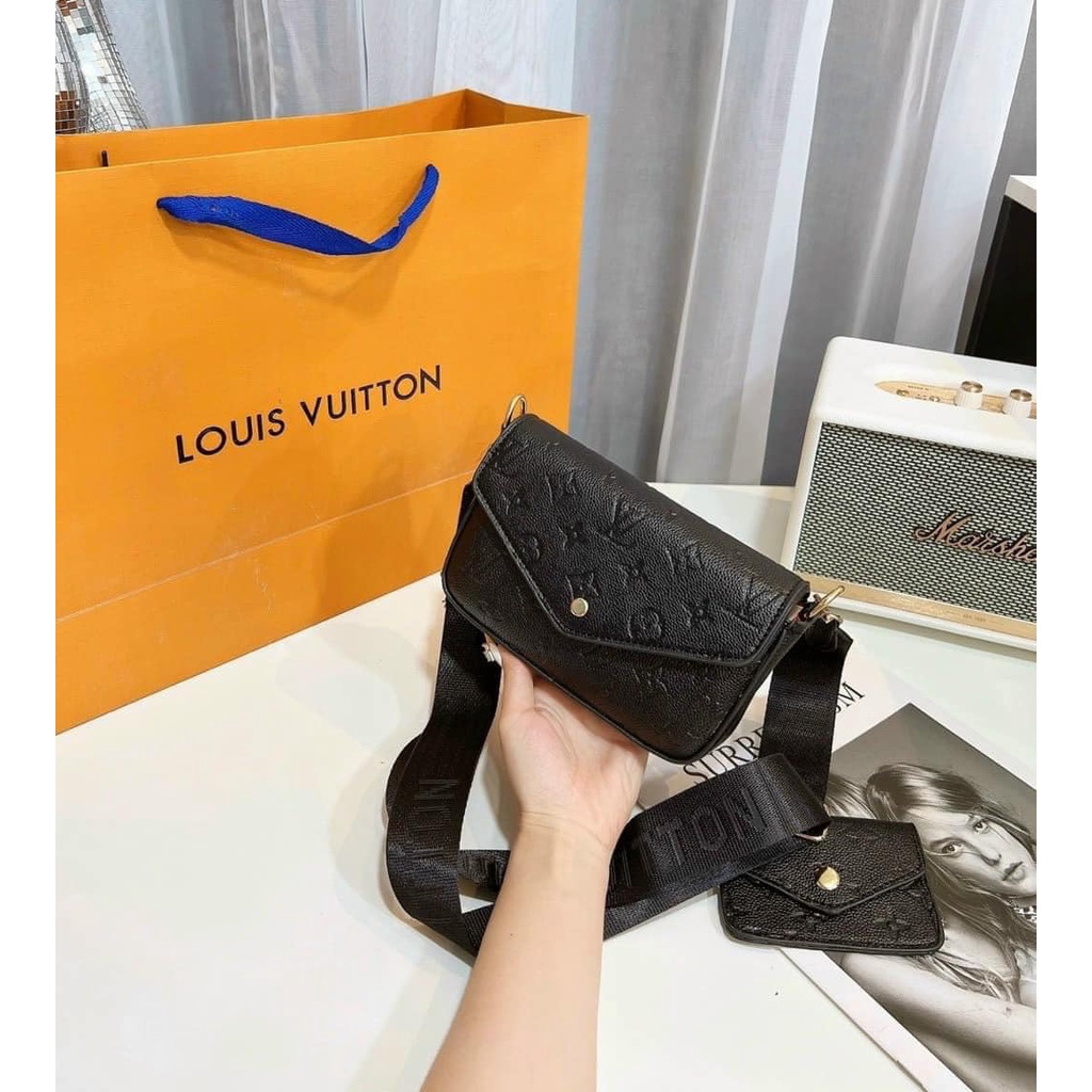 Túi xách nữ Set 2 món Lv đen dập logo 2 in 1 dây dù đeo chéo thời trang