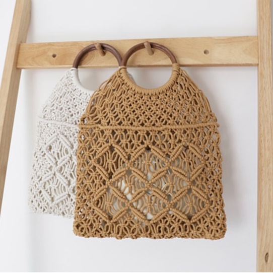 Túi Macrame cầm tay - quai mây tròn - họa tiết con nhện