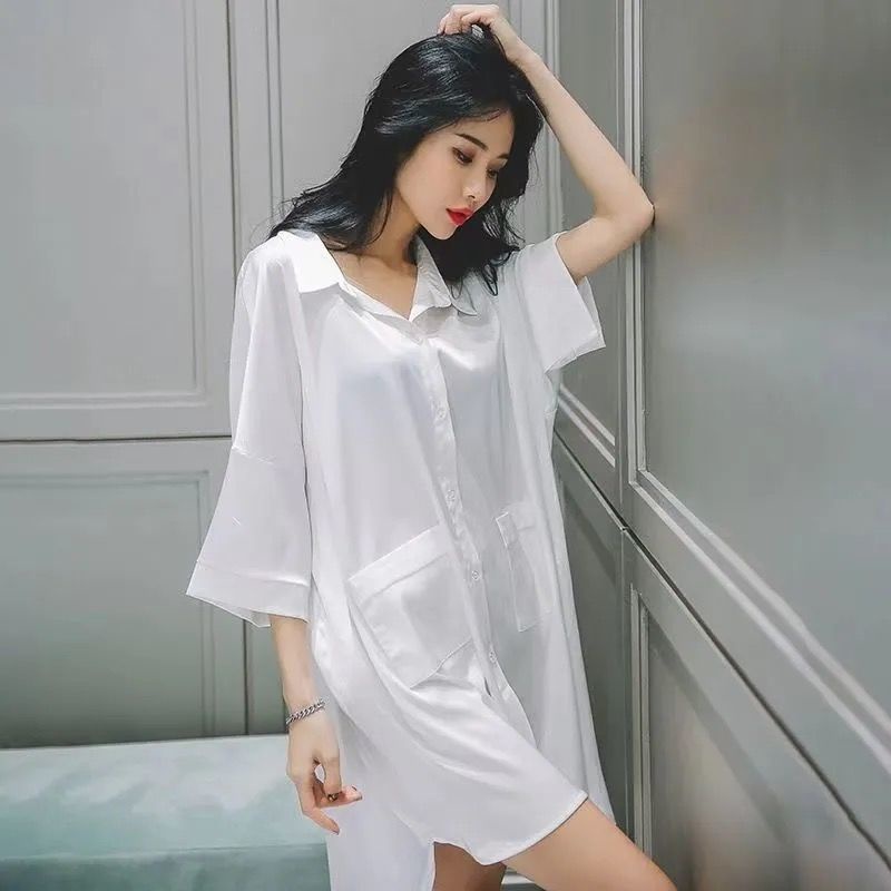 Áo len nữ pyjama lụa băng Áo ngủ lụa mỏng kiểu boyfriend áo sơ mi trắng có size mặc nhà có thể mặc bên ngoài