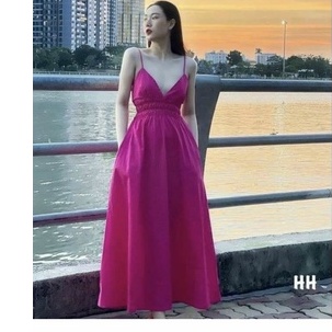 Đầm maxi hai dây nhún eo dáng xòe có mút ngực đi chơi đi biển siêu xinh
