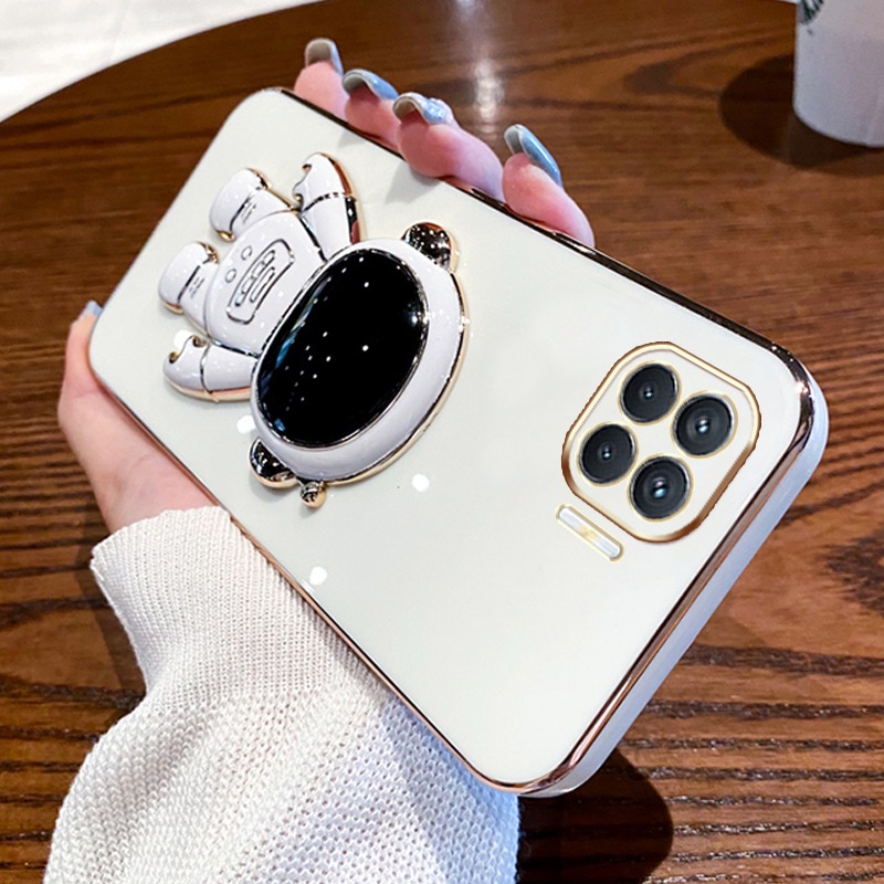 ốp lưng Giá đỡ phi hành gia mạ vàng sang trọng Giá đỡ tích hợp Vỏ mềm Tương thích với Cho OPPO F17/A73(4G) F17/A93(4G) F19 PRO F19PRO+ F11 PRO F7 F5 F9 Ốp silicon TPU màu trơn đơn giản case