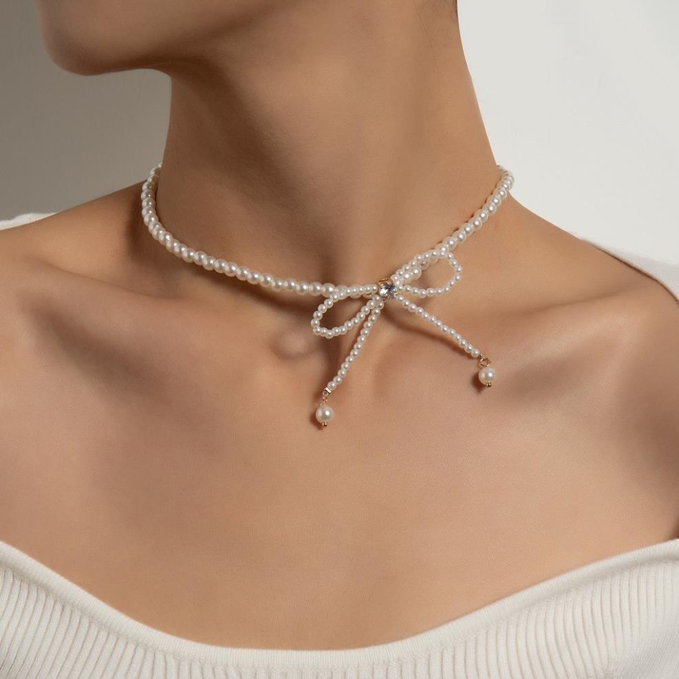 (038) Vòng Cổ Choker Ngọc Nhỏ Thắt Nơ Nữ Tính Thanh Lịch Hàn Quốc