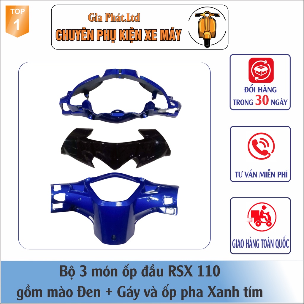 Combo ốp đầu Wave RSX 110  gồm Mào ĐEN - Gáy XANH TÍM - và Pha đèn kèm bóng