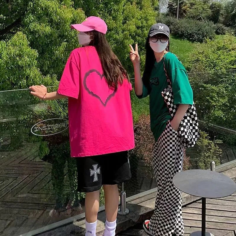 Jiashucheng Áo Thun Nữ Ngắn Tay Cổ Tròn In Hình Trái Tim Phong Cách Preppy Retro