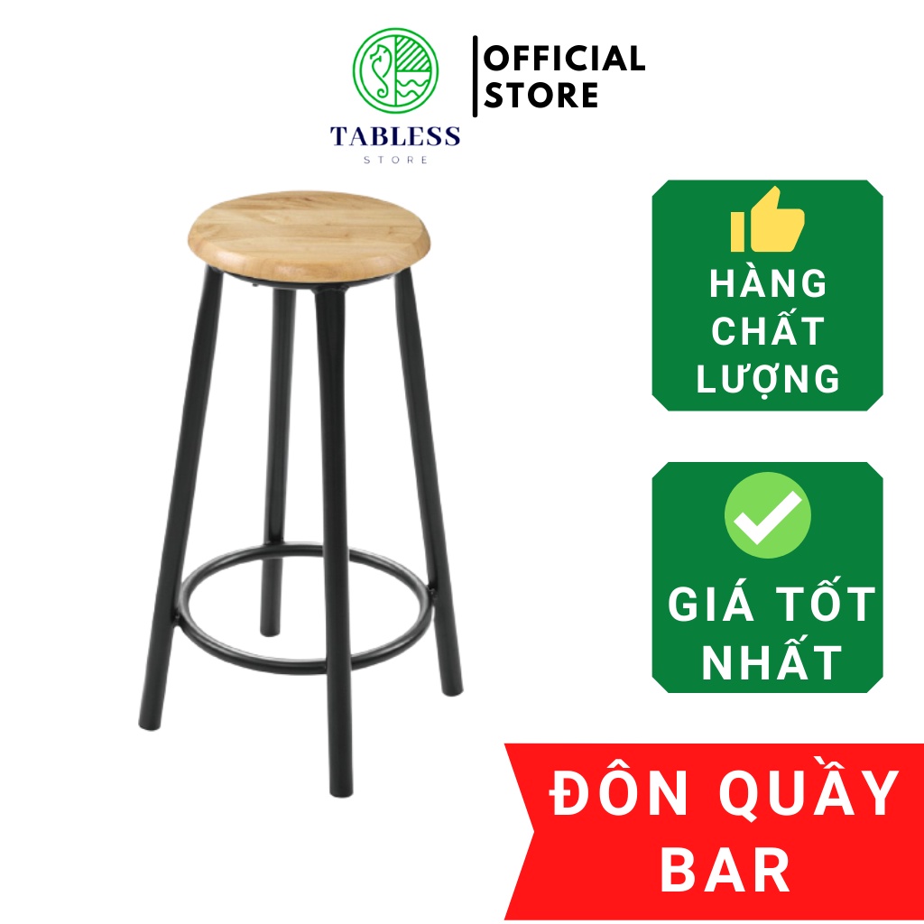 Ghế Đôn Quầy Bar Tròn Gỗ Cao Su Khung Sắt Sơn Tĩnh Điện Dành cho Quán Cafe,Trà Chanh,Ban Công