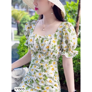 Váy xanh hoa cúc trắng đuôi cá V1505 (Kèm ảnh thật do shop tự chụp)