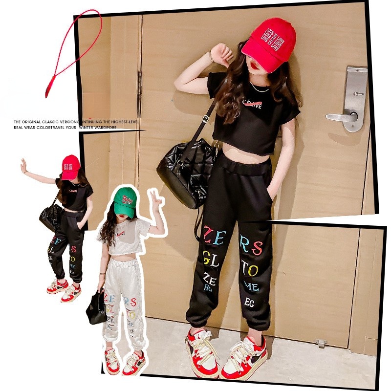 Bộ IQ Angel gồm áo thun tay ngắn và quần dài phong cách thời trang Hàn Quốc cho bé gái