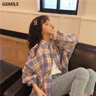 Áo sơ mi caro tay dài dáng rộng phong cách retro Hàn Quốc