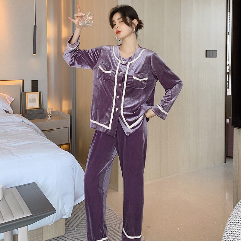 Bộ đồ ngủ cổ tròn bằng nhung nhiều màu sắc thời trang thanh lịch dành cho nữ