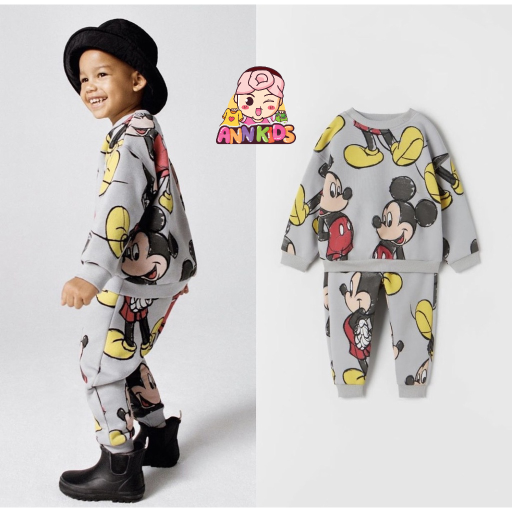 Bộ dài tay thu đông bé trai - Set bộ nỉ bông hoạ tiết Mickey HM cho bé trai size 1-6tuổi