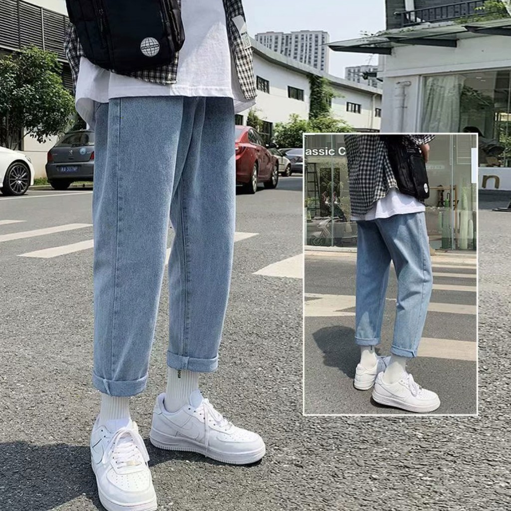 [Tiền Nào Của Đấy]Quần Jean Baggy Nam Ống Rộng Màu Xanh Đậm Trơn Không Phai Màu Form Baggy-B03