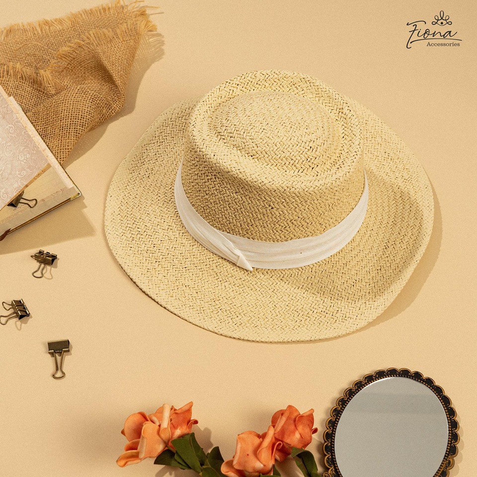 Mũ cói đi biển form mềm vạt chéo xinh xắn 2 màu đai