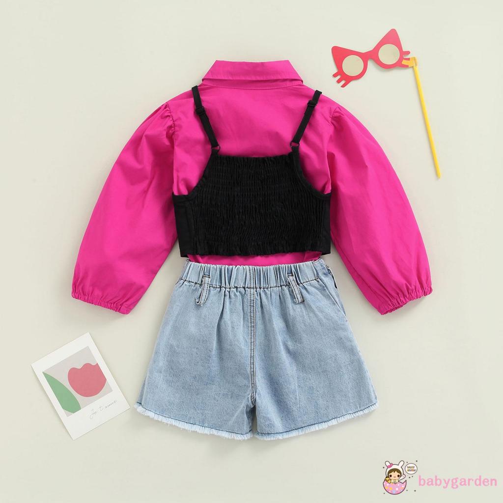 Set áo sơ mi tay dài + áo hai dây + quần short lưng cao cài nút thời trang thoải mái cho bé gái