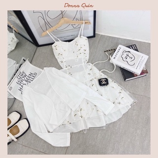 Set đầm hoa 2 dây cúp ngực cutout lưng kèm áo khoác croptop
