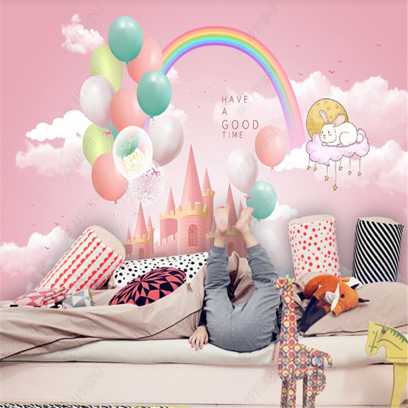 Giấy Dán Tường Tự Dính Họa Tiết Cầu Vồng Lâu Đài Hoạt Hình Trang Trí Phòng Trẻ Em