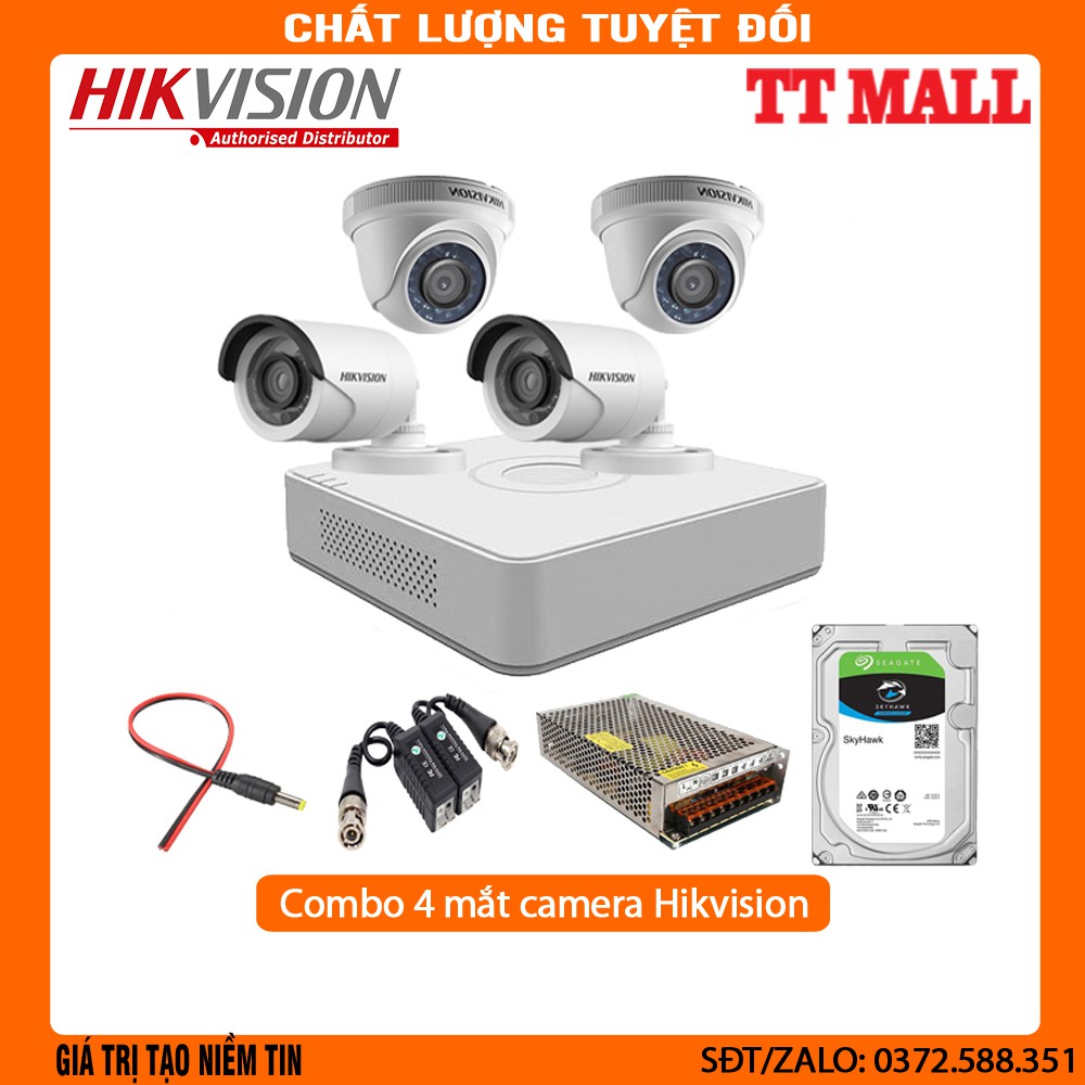 Trọn Bộ 4 Camera Quan Sát Hikvision 2.0 megapixel Full HD 1080P kèm HDD 2TB và 60 mét dây liền nguồn đúc sẵn 2 đầu