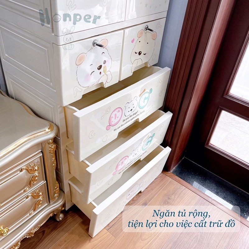Tủ nhựa Honper 5 tầng mẫu mới nhất đựng quần áo, bỉm sữa, đồ dùng đa năng cho bé và cả gia đình Gấu trắng và Gấu nâu