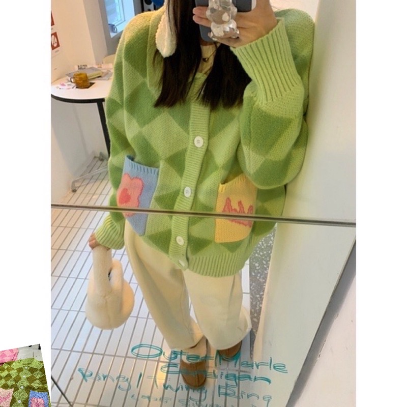 Áo khoác len Cardigan 𝗖𝗮𝗻𝗱𝘆 𝗦𝗽𝗿𝗶𝗻𝗴 Caro siêu đáng yêu QUAY CẬN CHẤT | Cardigan Checkerboard hoa Floral