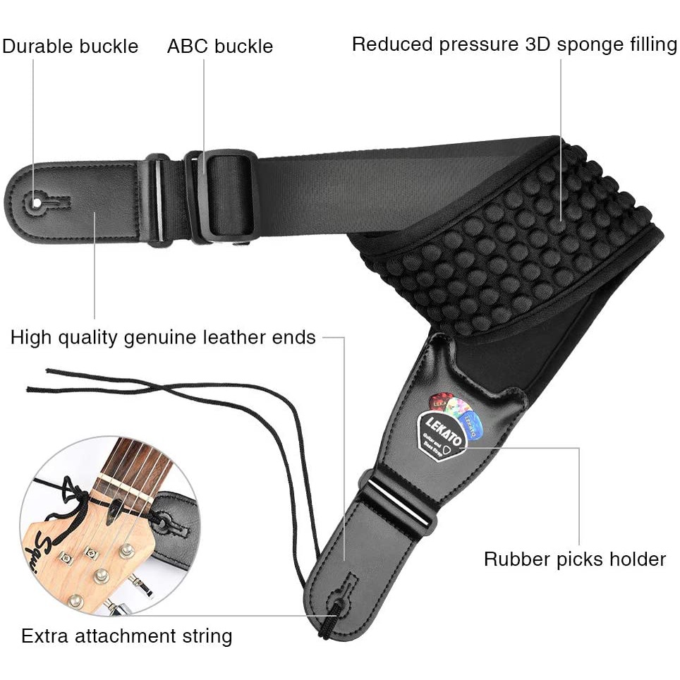 Dây đeo đàn guitar điện 3d 3.5 inch LEKATO điều chỉnh linh hoạt kèm 6 miếng gảy
