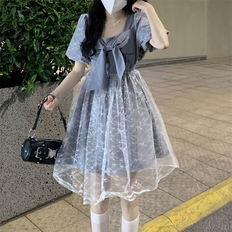Đầm Chữ A Dài Qua Gối Tay Phồng Phối Lưới Đính Nơ Kiểu retro Kiểu Hàn Quốc Thời Trang Mùa Hè Cho Nữ Sinh