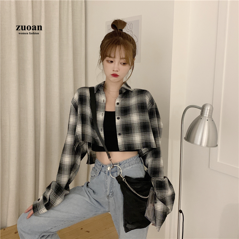 SUXI Áo croptop dài tay kẻ sọc ô caro