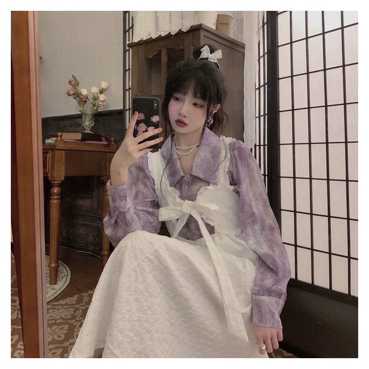 Set Áo Sơ Mi Nhuộm Màu Tím Nho Phối Chân Váy Yếm Hai Mặt Phong Cách Retro Thời Trang Mùa Hè