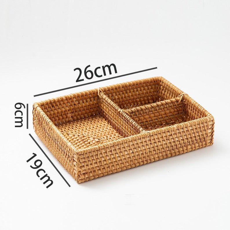 Khay chia ngăn mây tre đan, kích thước 26x19x6