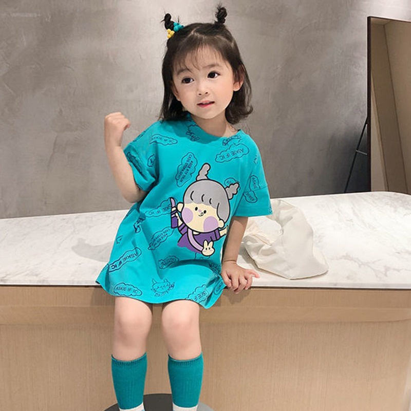 Đầm Thun Tay Ngắn Dáng Rộng In Họa Tiết Hoạt Hình Dễ Thương Thời Trang Mùa Hè Cho Bé Gái
