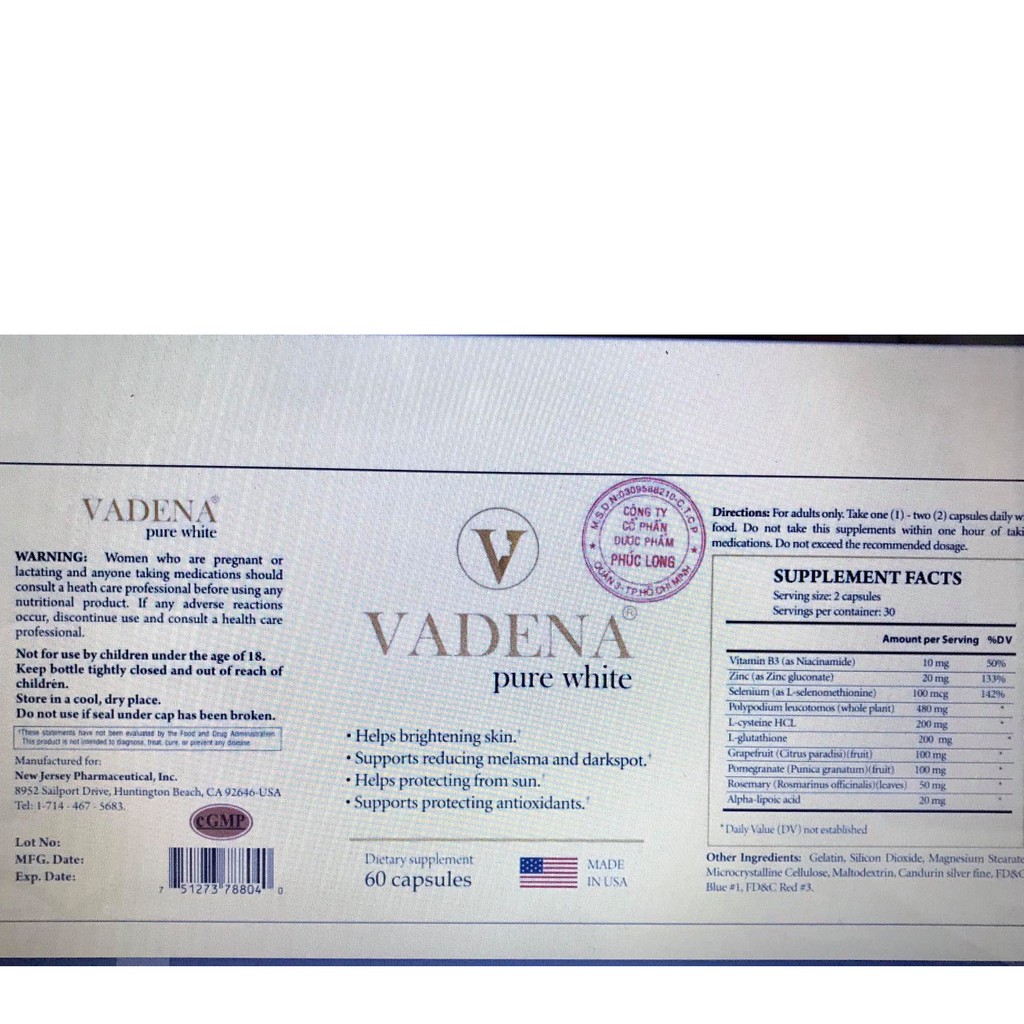 (HÀNG CHÍNH HÃNG Làn Da Đẹp) - VADENA PURE WHITE - Viên uống chống nắng sáng da