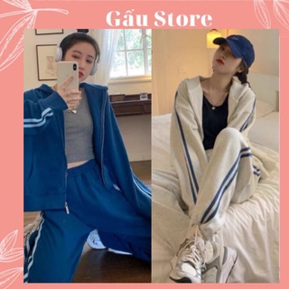 Bộ nỉ unisex nam nữ dài tay thể thao chạy sọc dưới 65kg gaustore – bộ nỉ kẻ sọc 2 màu trắng , xanh